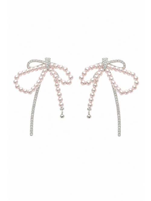 Pearl Bow Ribbon Rhodium with Sterling Silver Posts Earring
