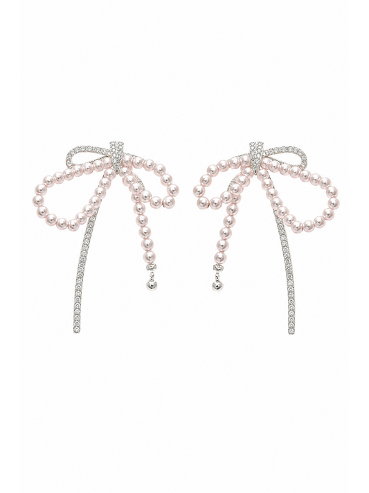 Pearl Bow Ribbon Rhodium with Sterling Silver Posts Earring 1