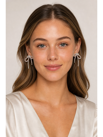 Pearl Bow Ribbon Rhodium with Sterling Silver Posts Earring 2