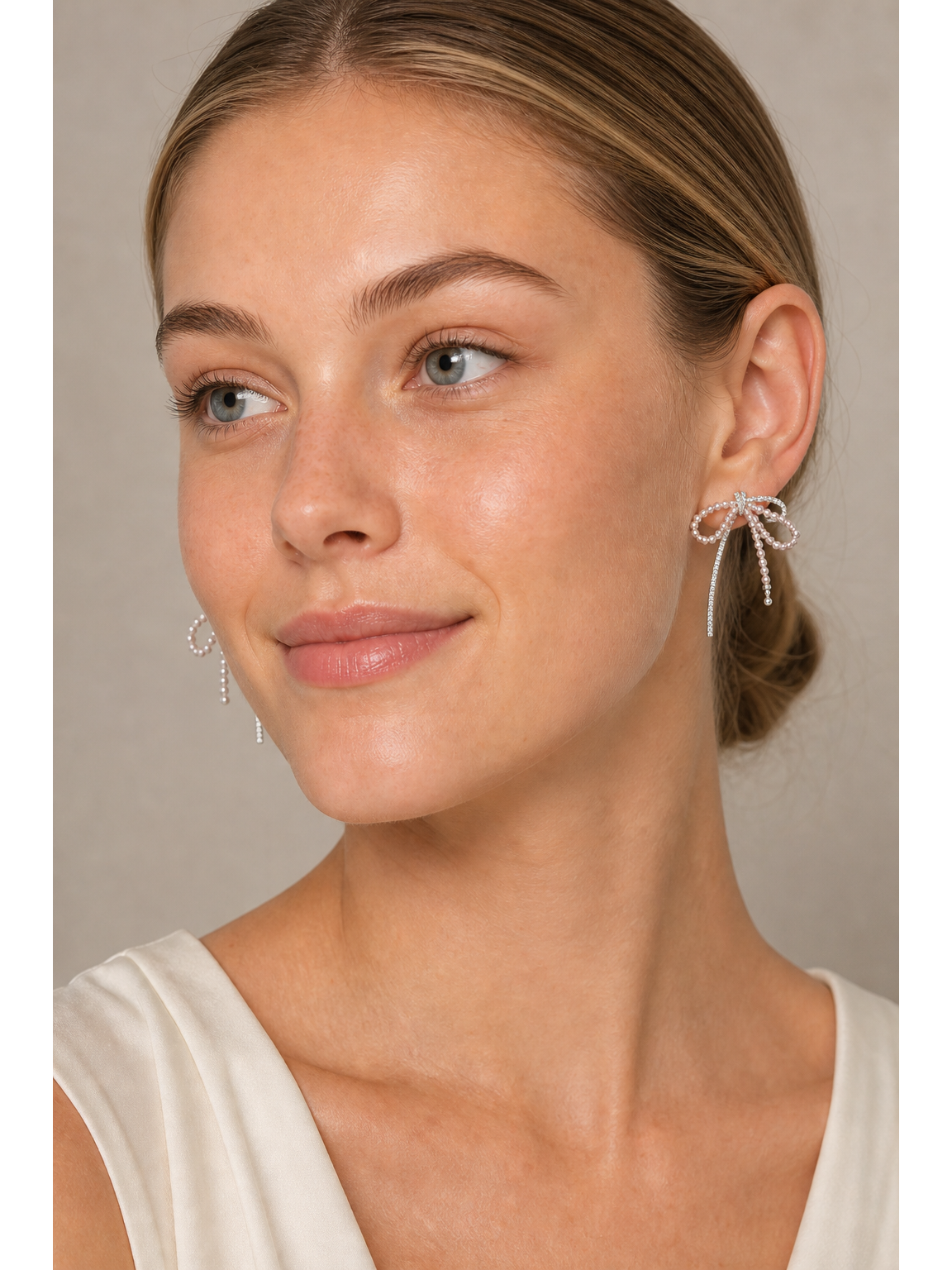 Pearl Bow Ribbon Rhodium with Sterling Silver Posts Earring 3