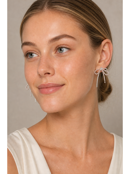 Pearl Bow Ribbon Rhodium with Sterling Silver Posts Earring 3