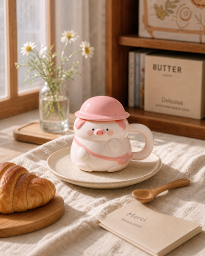 Pig Character Mug with Pastel Helmet Lid