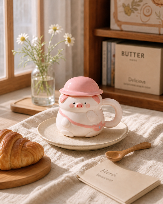 Pig Character Mug with Pastel Helmet Lid