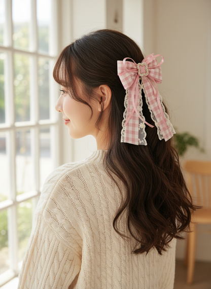 Pink Bow Hair Clip with Pearl and Rhinestone Accent - Set of 2 2