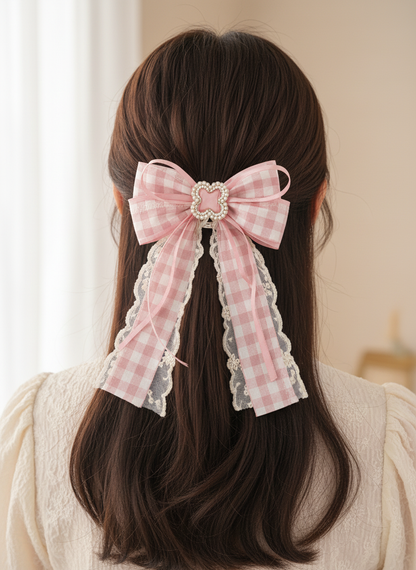 Pink Bow Hair Clip with Pearl and Rhinestone Accent - Set of 2 3