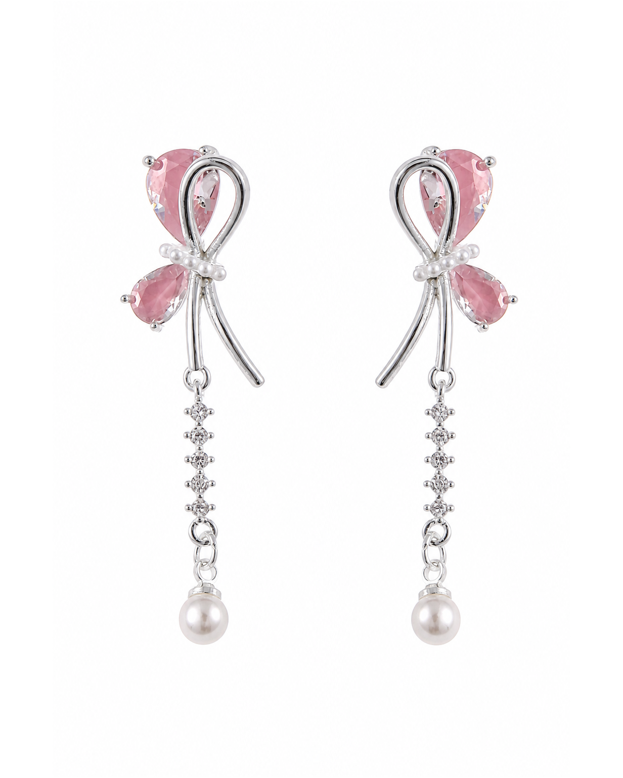 Pink Bow Pearl Drop Rhodium with Sterling Silver Posts Earring 1