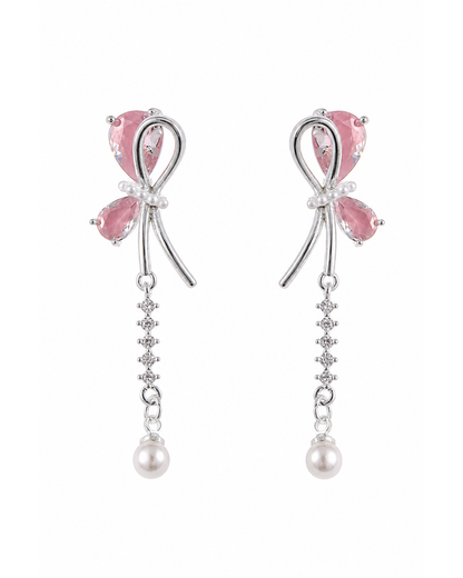 Pink Bow Pearl Drop Rhodium with Sterling Silver Posts Earring 1