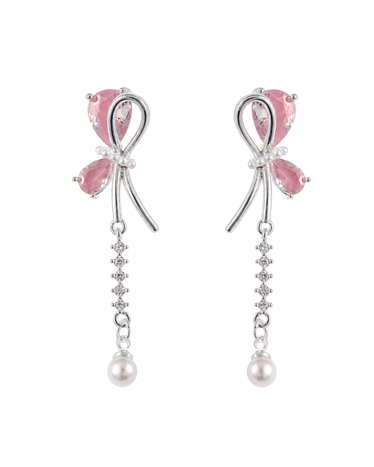 Pink Bow Pearl Drop Rhodium with Sterling Silver Posts Earring 1