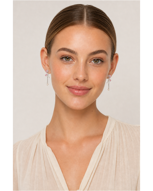 Pink Bow Pearl Drop Rhodium with Sterling Silver Posts Earring 2