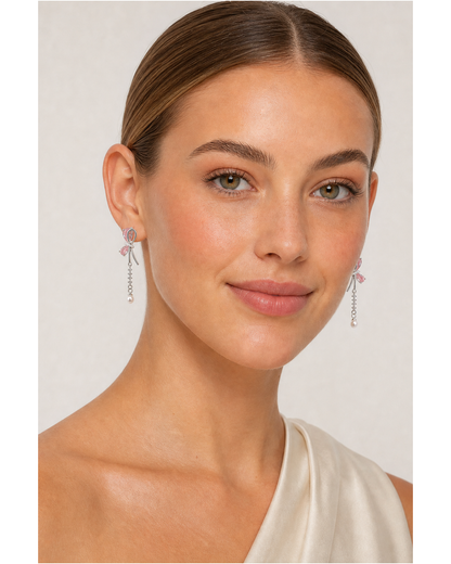 Pink Bow Pearl Drop Rhodium with Sterling Silver Posts Earring 3