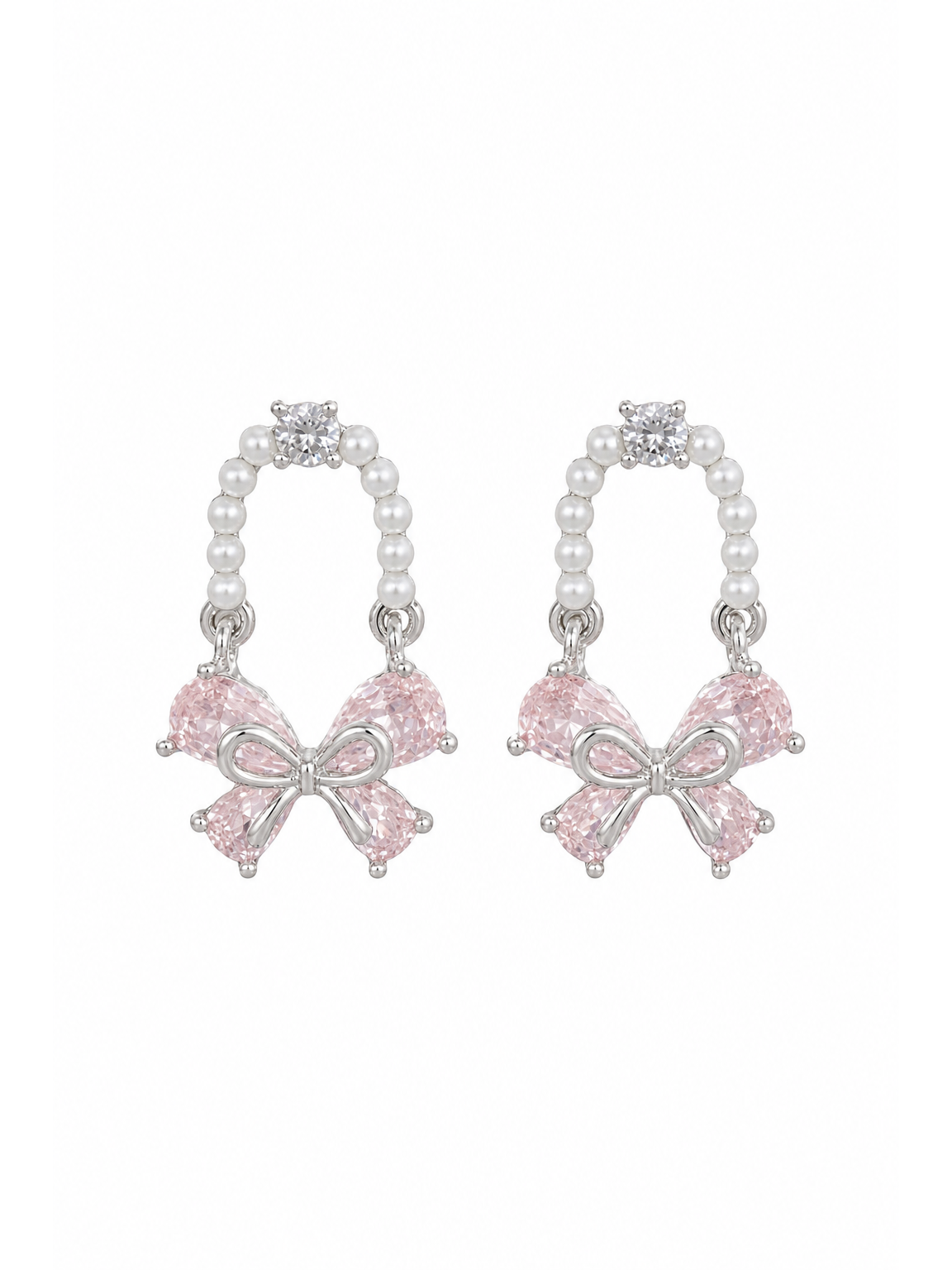 Pink Bow Pearl Hoop Rhodium with Sterling Silver Posts Earring 1