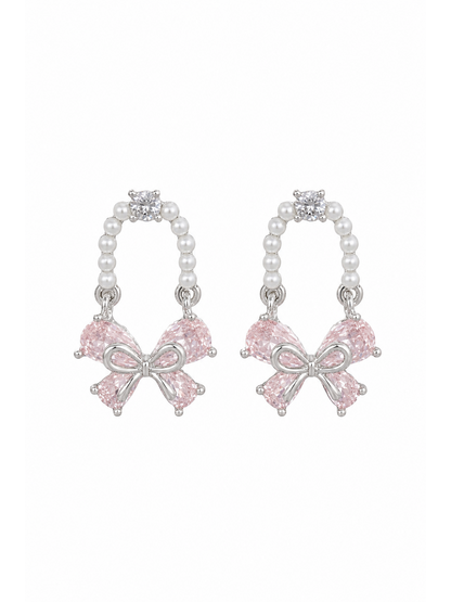 Pink Bow Pearl Hoop Rhodium with Sterling Silver Posts Earring 1