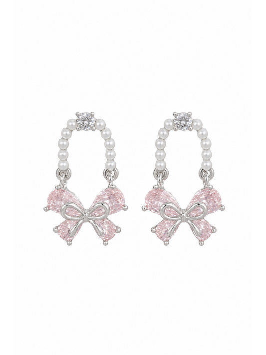 Pink Bow Pearl Hoop Rhodium with Sterling Silver Posts Earring 1