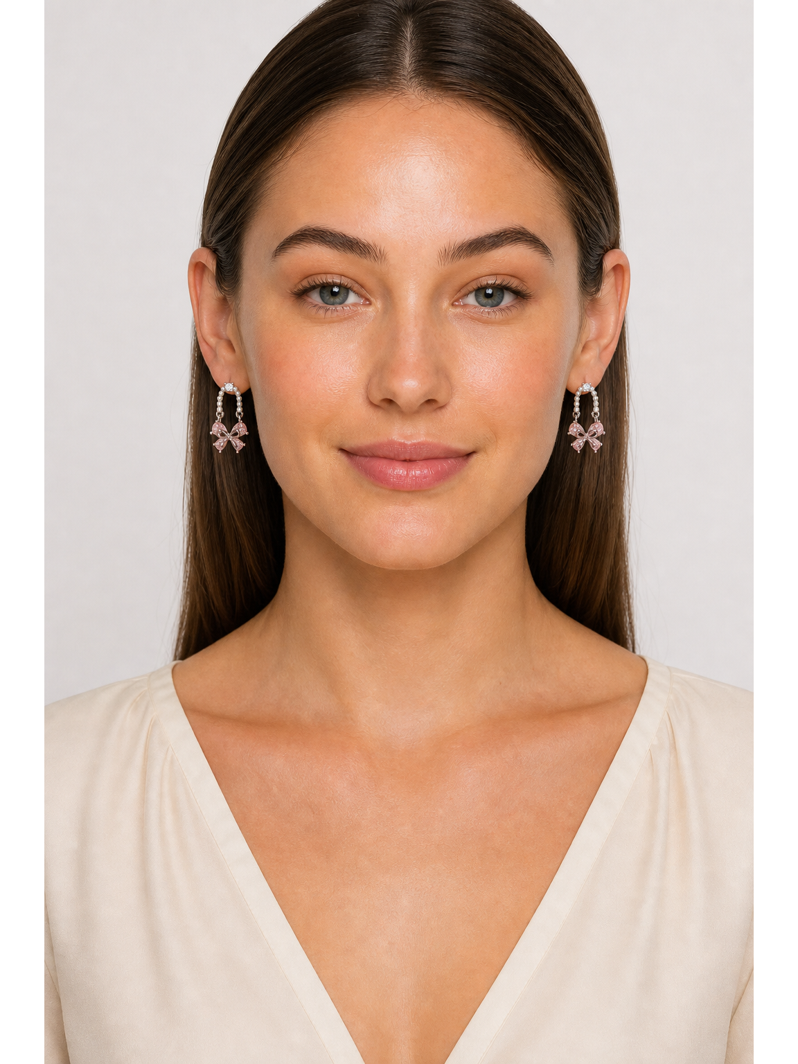 Pink Bow Pearl Hoop Rhodium with Sterling Silver Posts Earring 2