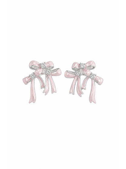 Pink Bow Zircon Rhodium with Sterling Silver Posts Earring 1