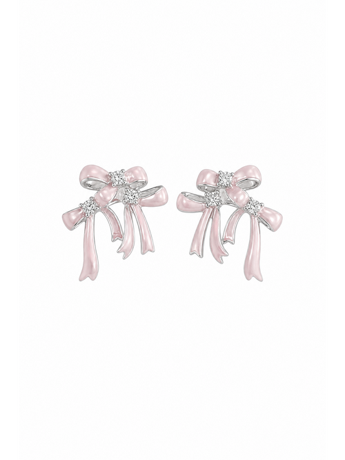 Pink Bow Zircon Rhodium with Sterling Silver Posts Earring