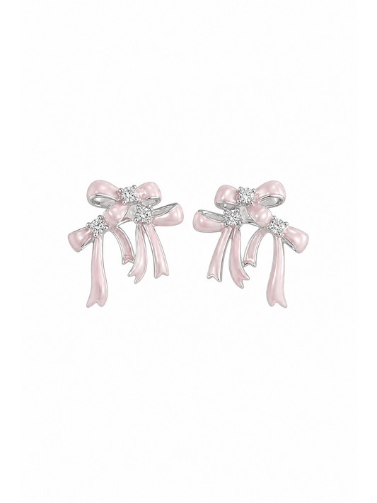 Pink Bow Zircon Rhodium with Sterling Silver Posts Earring 1