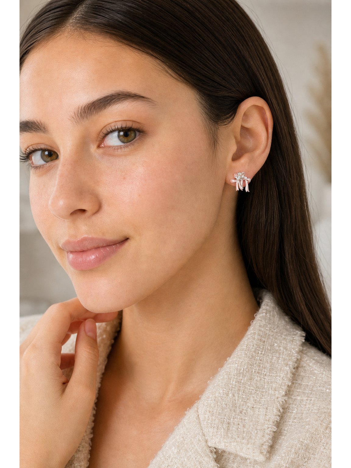 Pink Bow Zircon Rhodium with Sterling Silver Posts Earring 3
