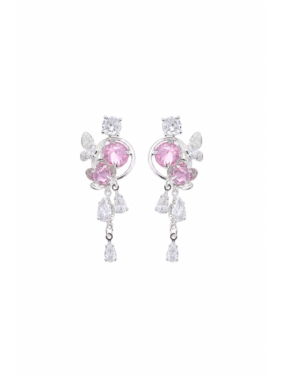 Pink Butterfly Floral Zircon Drop Rhodium with Sterling Silver Posts Earring 1