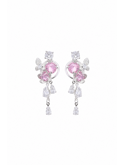 Pink Butterfly Floral Zircon Drop Rhodium with Sterling Silver Posts Earring 1