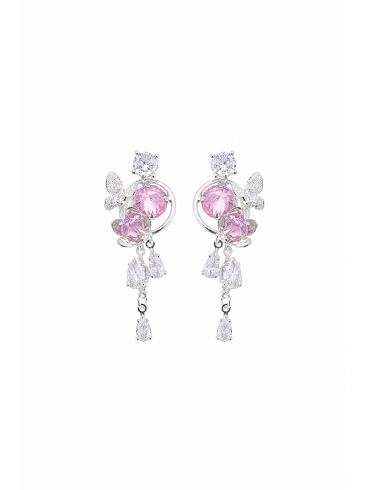 Pink Butterfly Floral Zircon Drop Rhodium with Sterling Silver Posts Earring 1