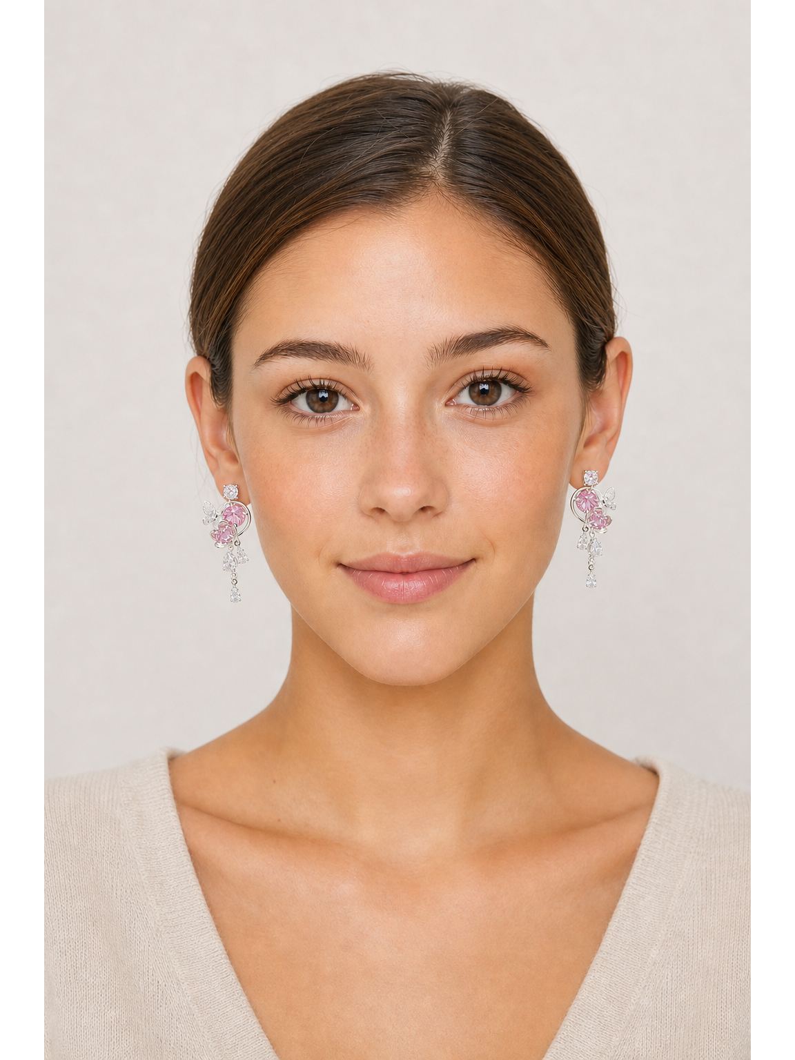Pink Butterfly Floral Zircon Drop Rhodium with Sterling Silver Posts Earring 2