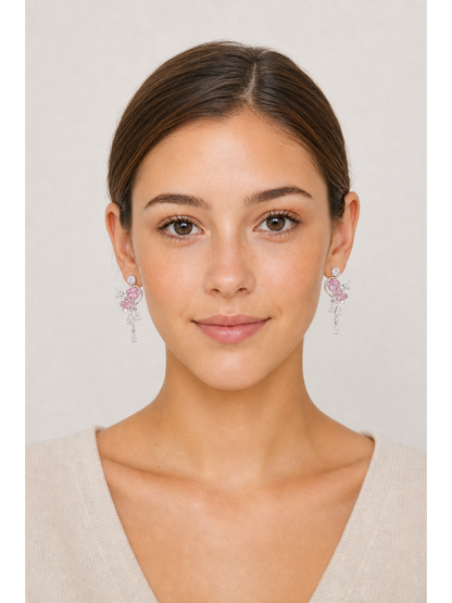 Pink Butterfly Floral Zircon Drop Rhodium with Sterling Silver Posts Earring 2