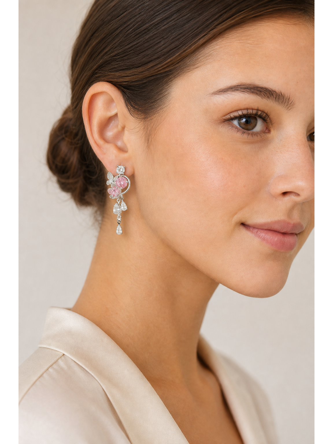 Pink Butterfly Floral Zircon Drop Rhodium with Sterling Silver Posts Earring 3