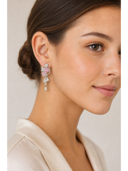 Pink Butterfly Floral Zircon Drop Rhodium with Sterling Silver Posts Earring 3