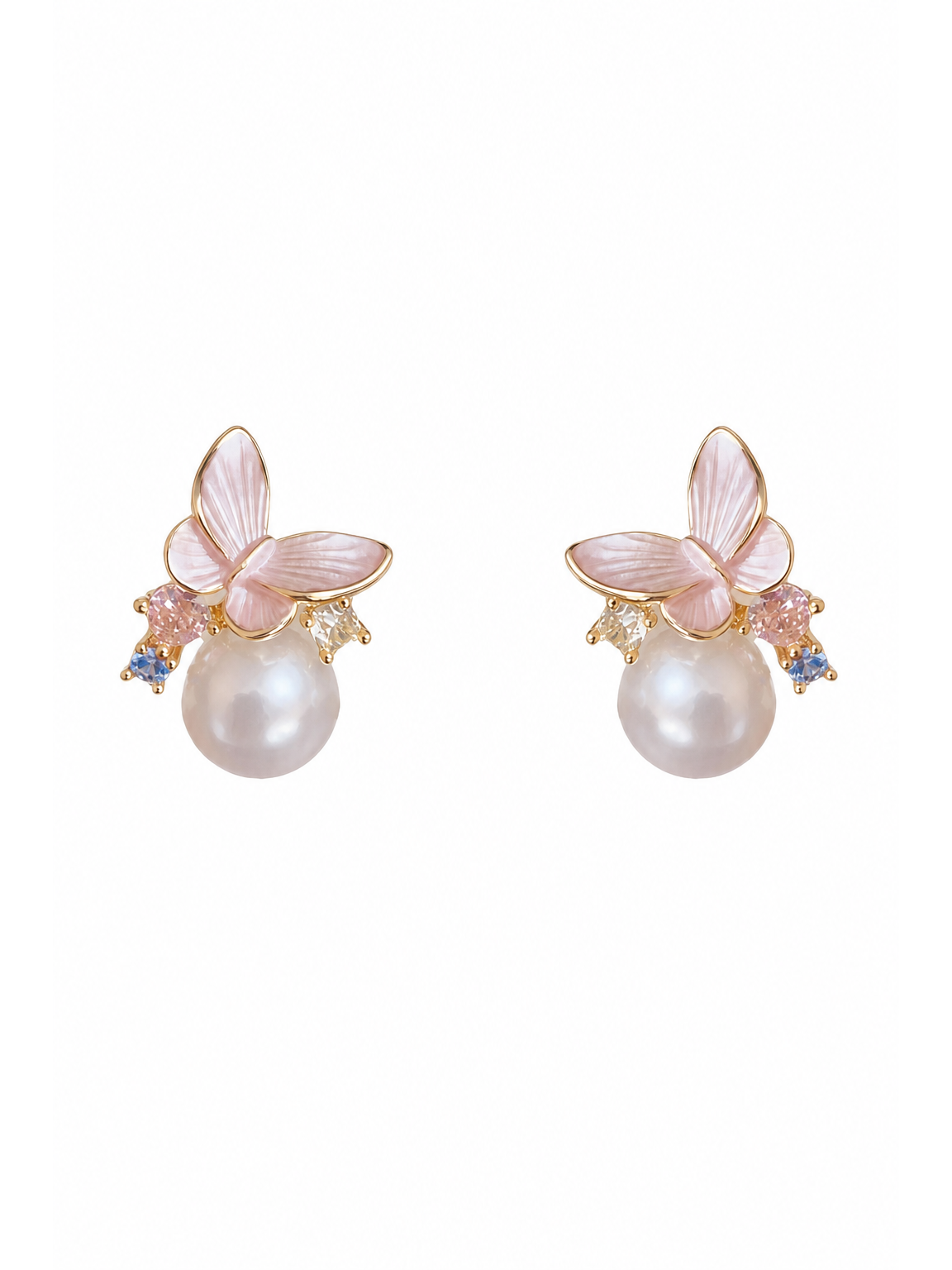 Pink Butterfly Pearl Clip-on In Tone Gold with Sterling Silver Posts Earring 1