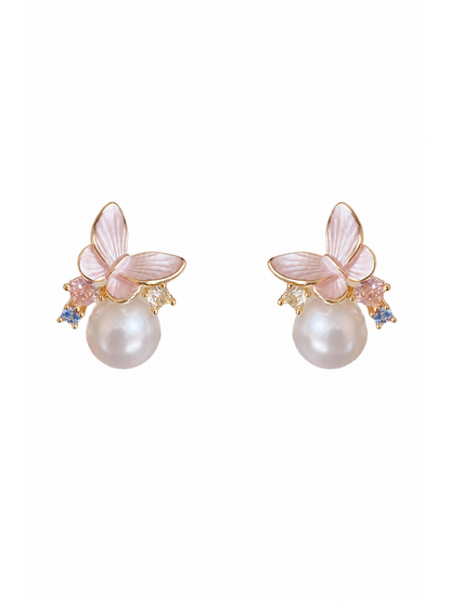 Pink Butterfly Pearl Clip-on In Tone Gold with Sterling Silver Posts Earring 1