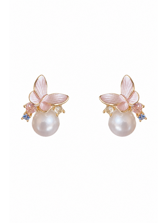 Pink Butterfly Pearl Clip-on In Tone Gold with Sterling Silver Posts Earring 1
