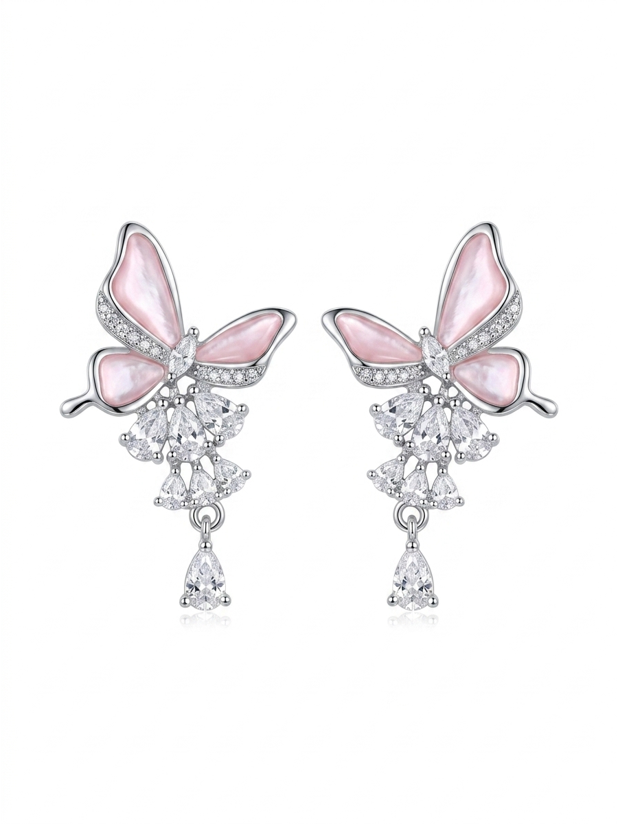 Pink Butterfly Zircon Drop Rhodium with Sterling Silver Posts Earring 1