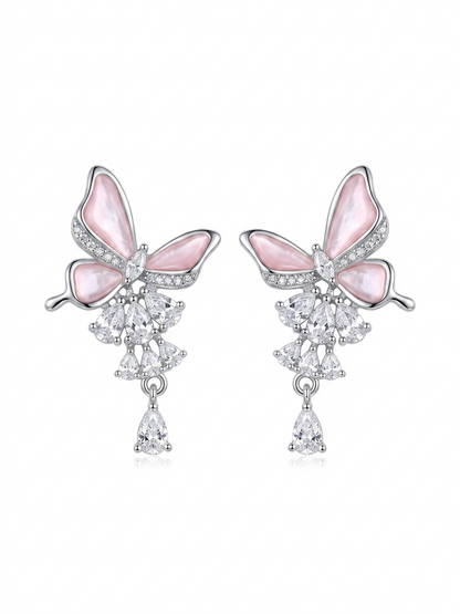 Pink Butterfly Zircon Drop Rhodium with Sterling Silver Posts Earring 1