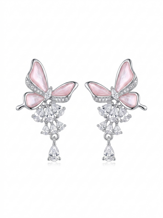 Pink Butterfly Zircon Drop Rhodium with Sterling Silver Posts Earring 1