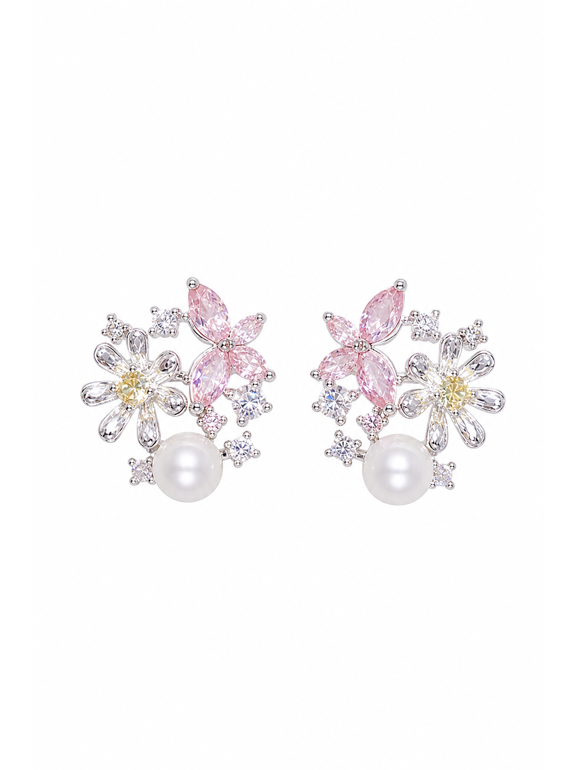 Pink Butterfly Zircon Pearl Floral Rhodium with Sterling Silver Posts Earring 1
