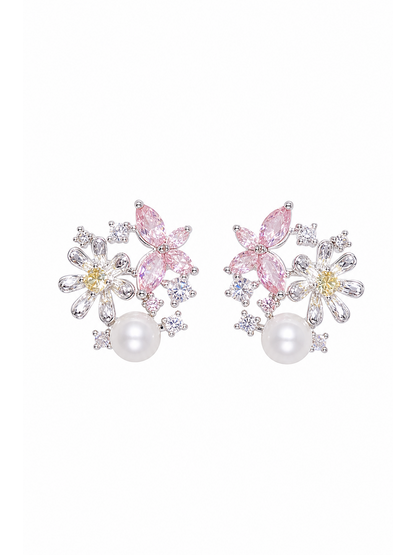 Pink Butterfly Zircon Pearl Floral Rhodium with Sterling Silver Posts Earring 1