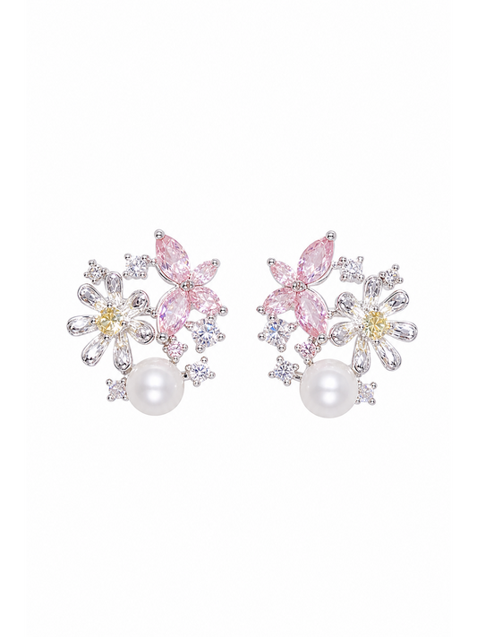 Pink Butterfly Zircon Pearl Floral Rhodium with Sterling Silver Posts Earring 1