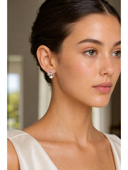Pink Butterfly Zircon Pearl Floral Rhodium with Sterling Silver Posts Earring 3