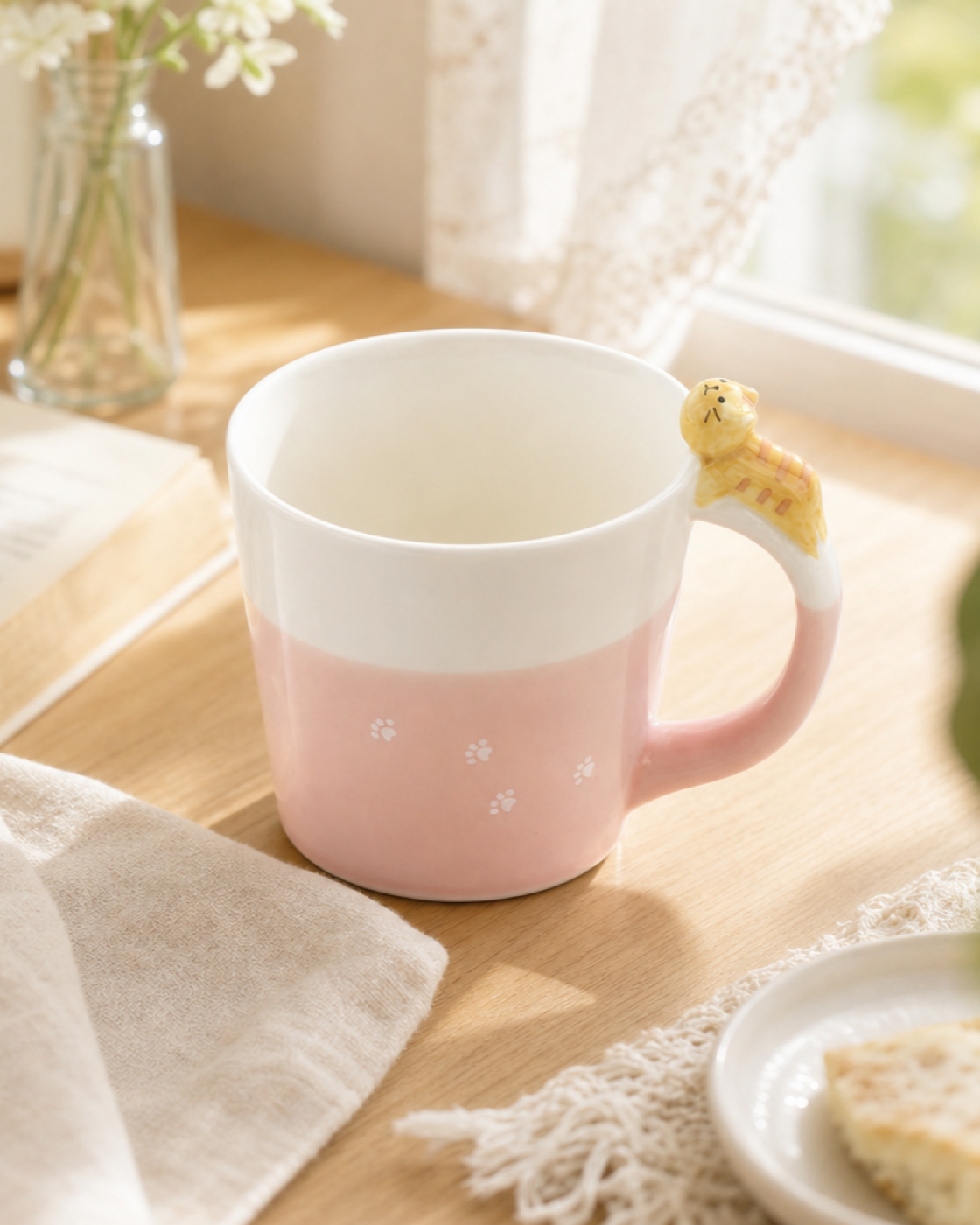 Pink Cat-Handle Ceramic Mug
