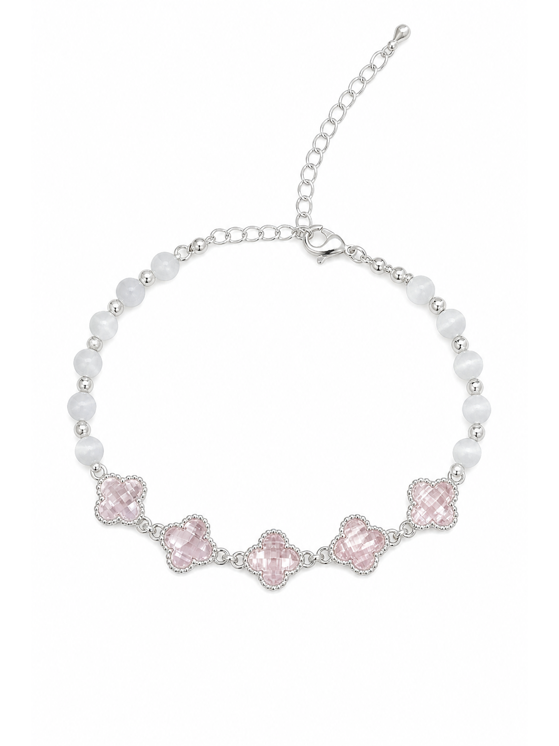 Pink Clover Beaded Rhodium Plated Bracelet 1