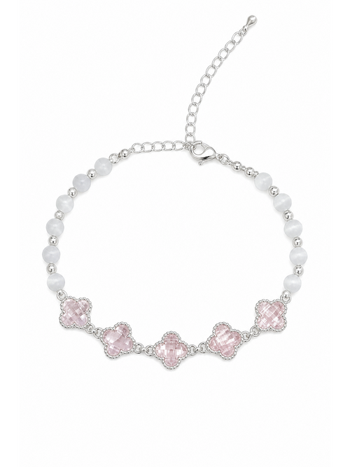 Pink Clover Beaded Rhodium Plated Bracelet
