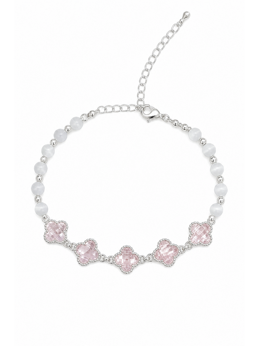 Pink Clover Beaded Rhodium Plated Bracelet 1