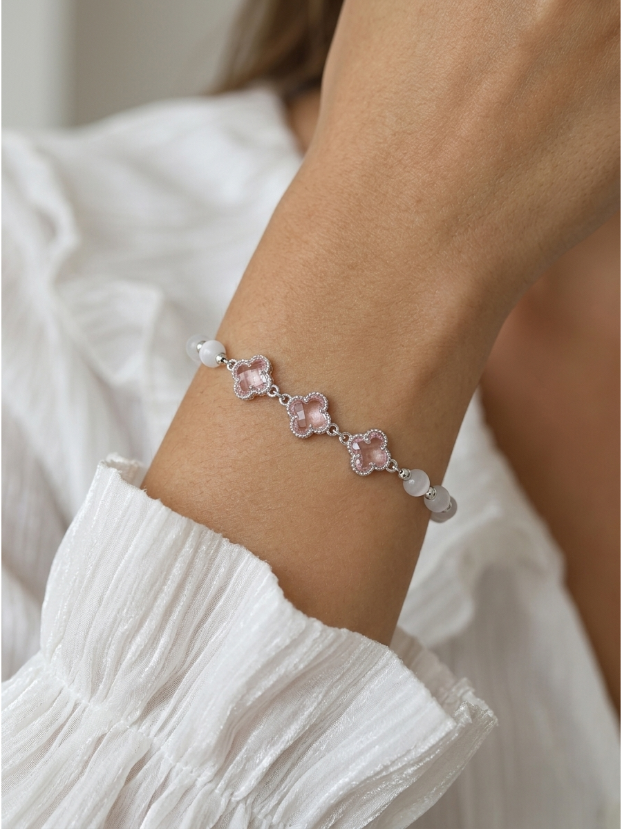 Pink Clover Beaded Rhodium Plated Bracelet 2