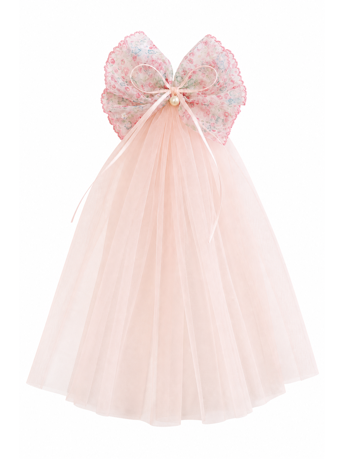 Pink Floral Bow Clip with Long Tulle Tail 1