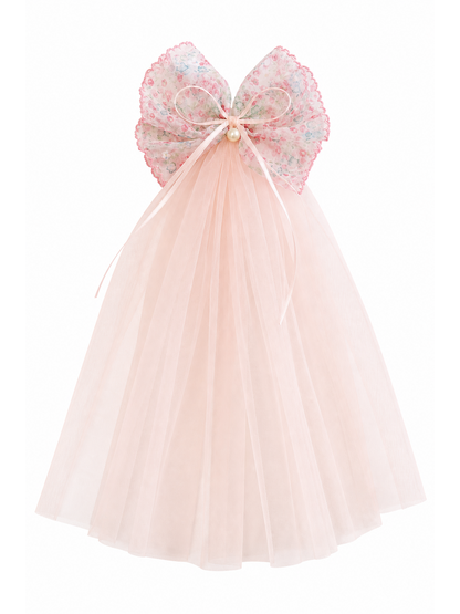 Pink Floral Bow Clip with Long Tulle Tail 1