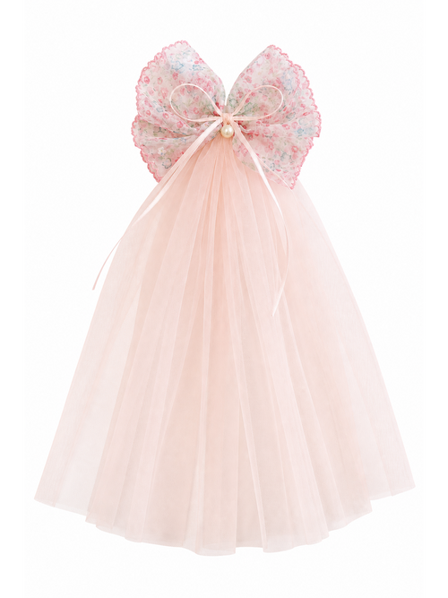 Pink Floral Bow Clip with Long Tulle Tail