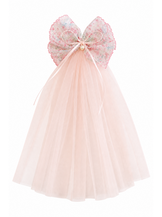 Pink Floral Bow Clip with Long Tulle Tail 1