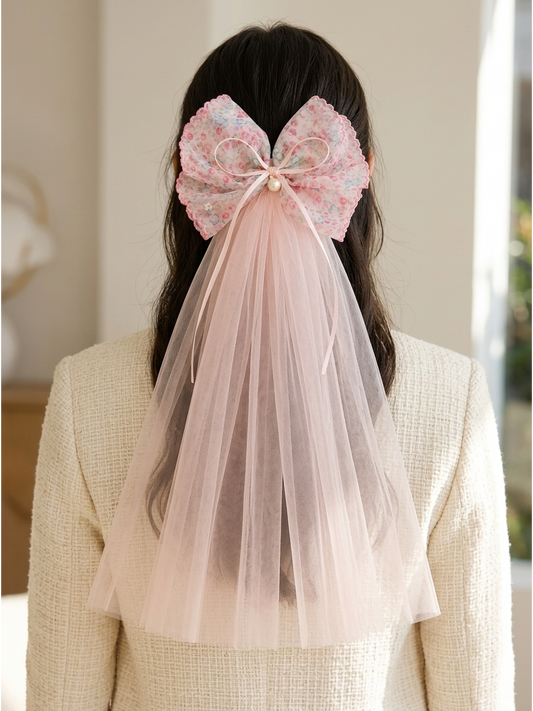 Pink Floral Bow Clip with Long Tulle Tail 2