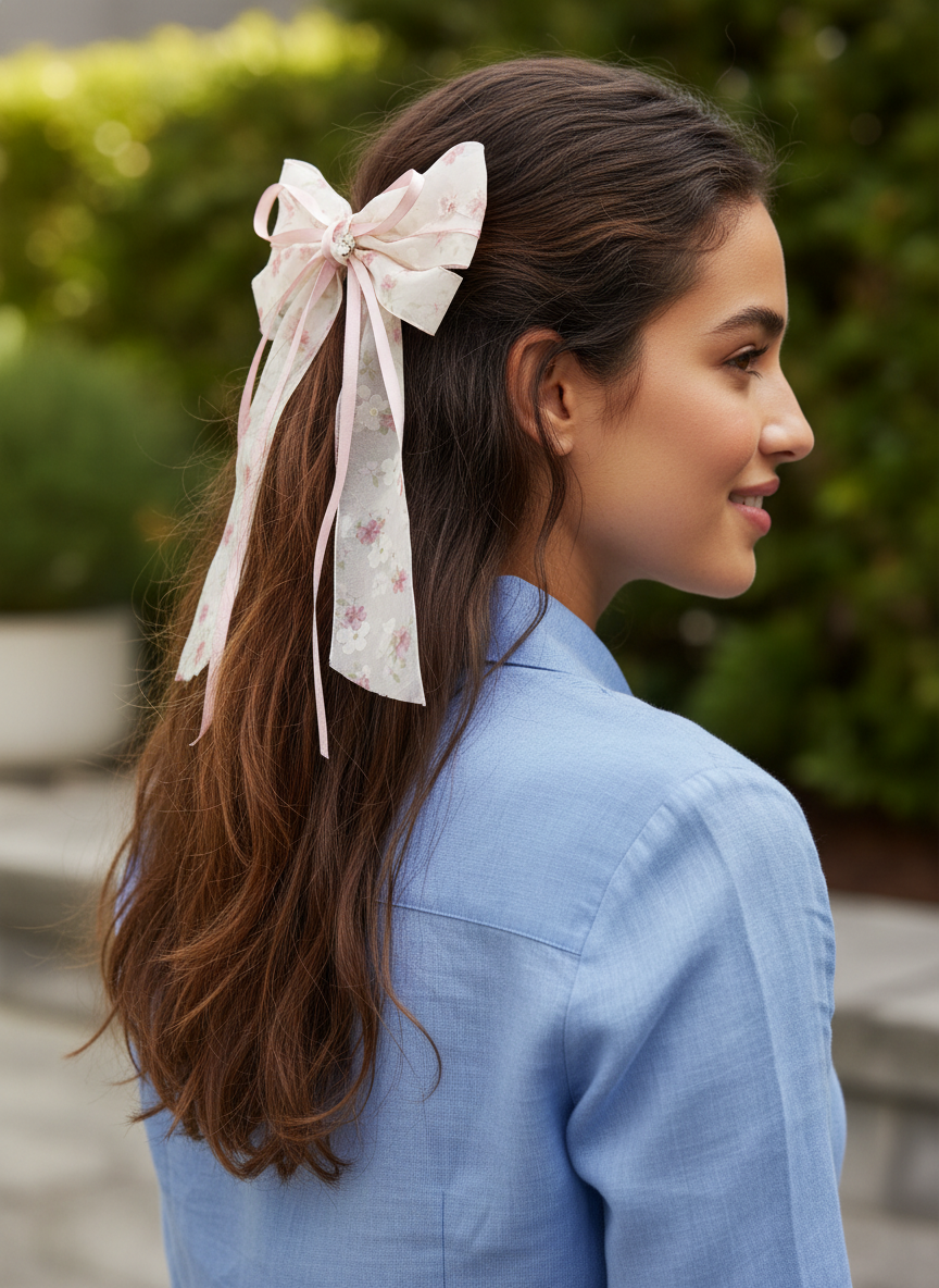 Delicate Pink Floral Bow Hair Clip - Set of 3 2
